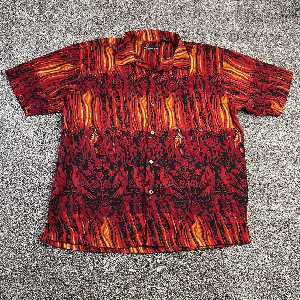 Vintage No Boundaries Button Up Shirt Mens Size L Flames Tribal Grunge Y2K Biker
